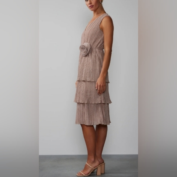 NY & Co🪩🏵️Metallic Plisse Tiered Rosette Dress - Picture 3 of 11